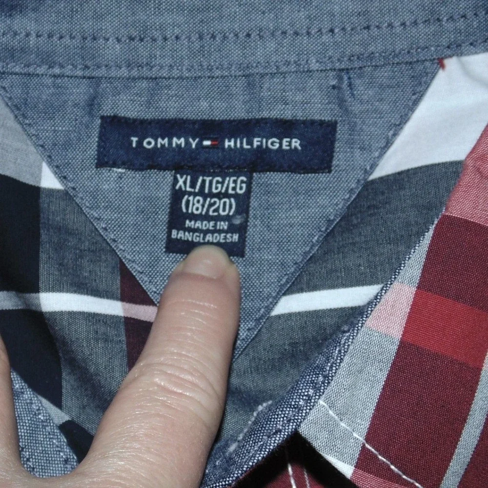 Tommy Hilfiger Plaid Button Down Boys XL 18/20 Red White Blue NWT Long Sleeve
